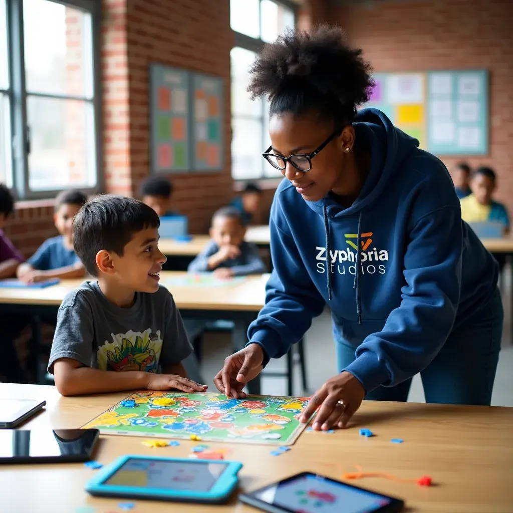 A workshop participant presenting their game concept to the group with enthusiasm.