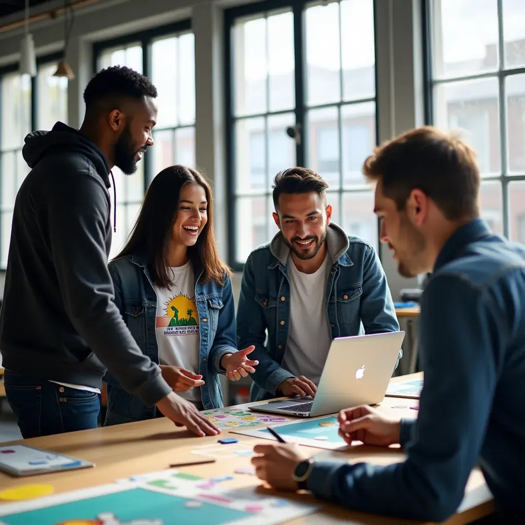A group of diverse individuals collaborating around a table filled with game design materials.